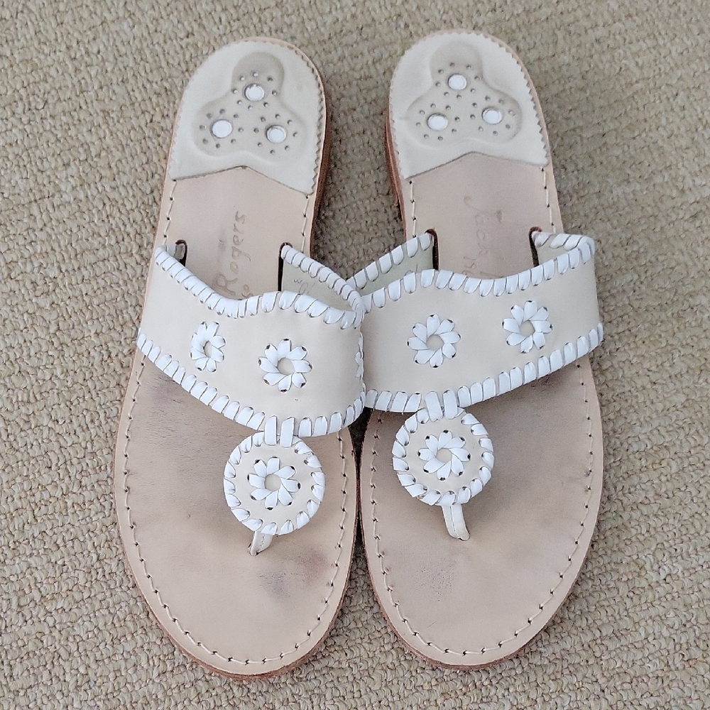 Jack Rogers Cream Sandals with Medallion Design